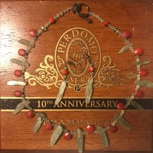 Beaded red and jade color necklace and earrings